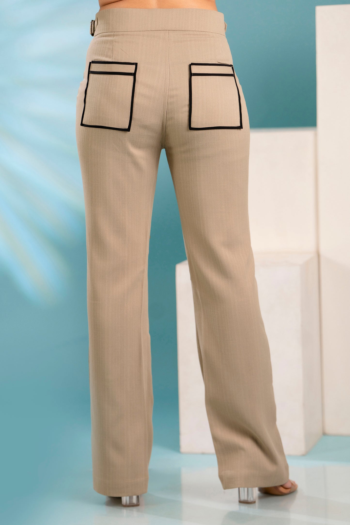 Beige Black Pockets Pants