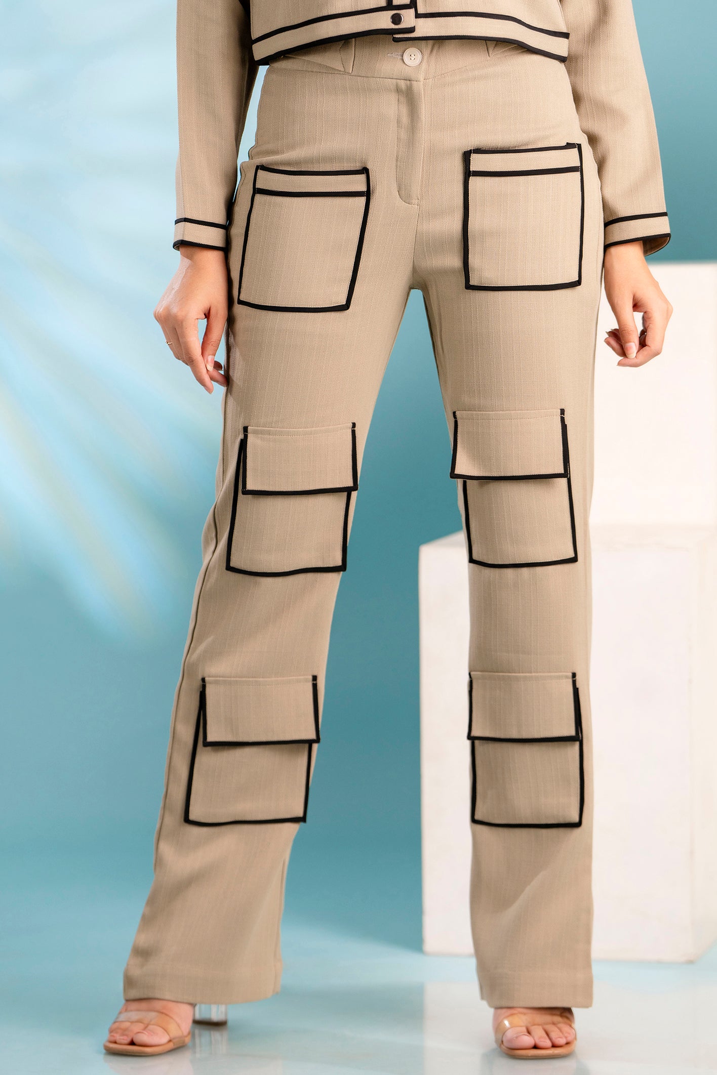 Beige Black Pockets Pants