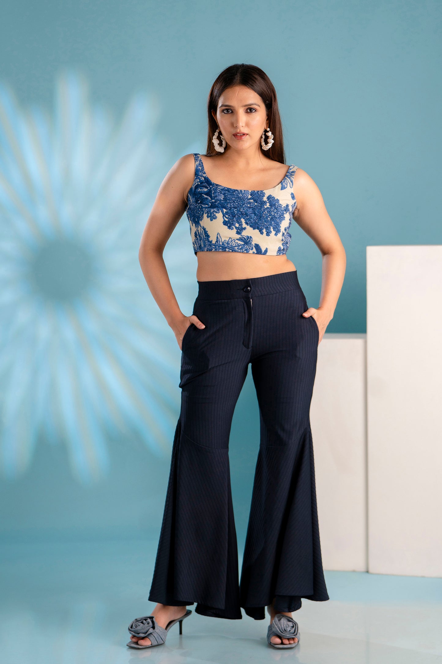 Blue Self Striped Sharara Pants