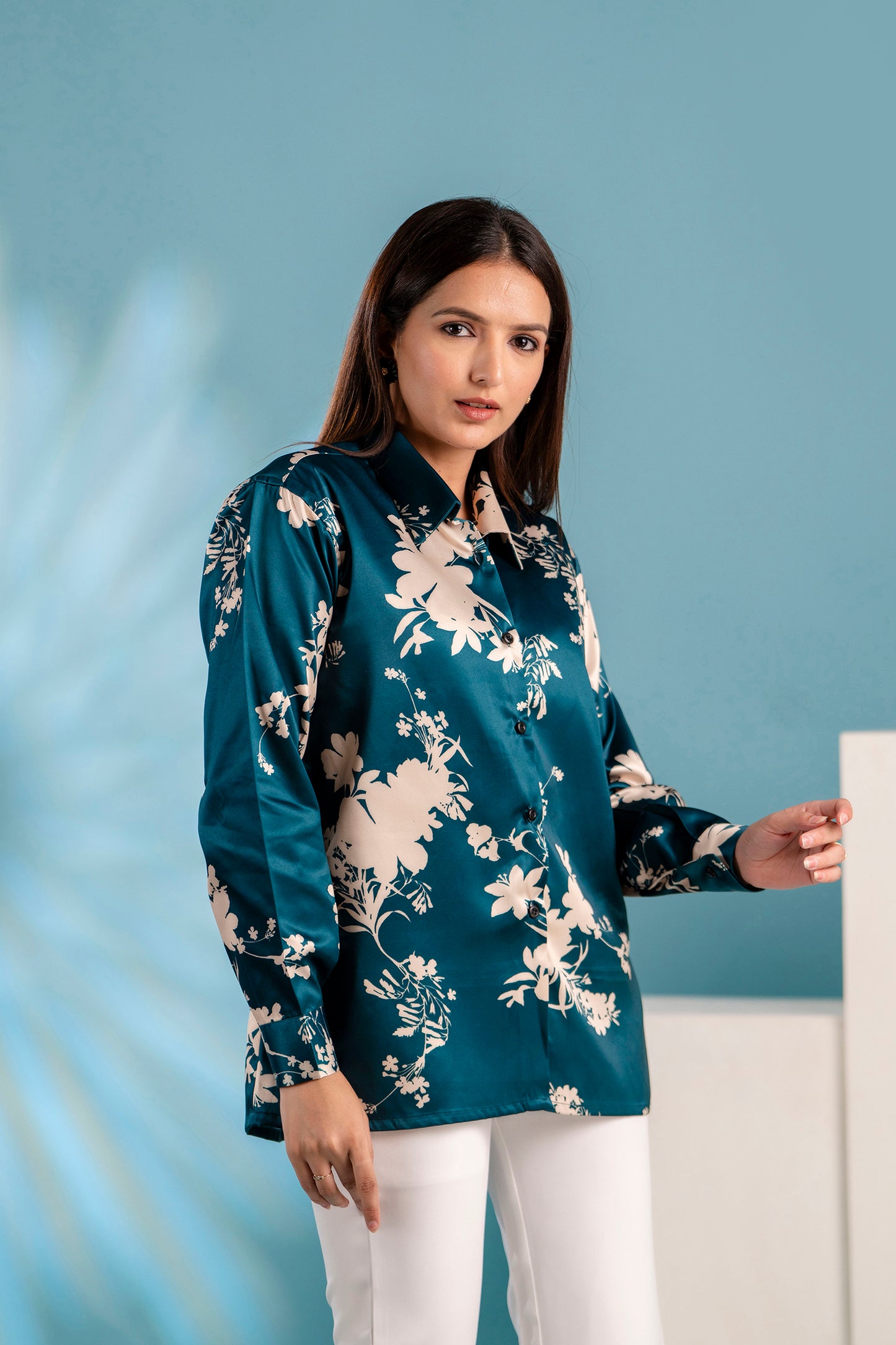 Blue Self Printed Satin Shirt