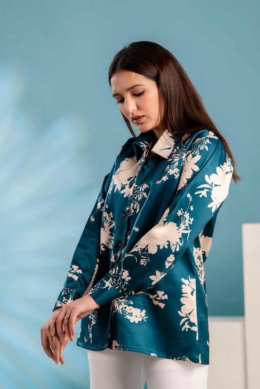 Blue Self Printed Satin Shirt